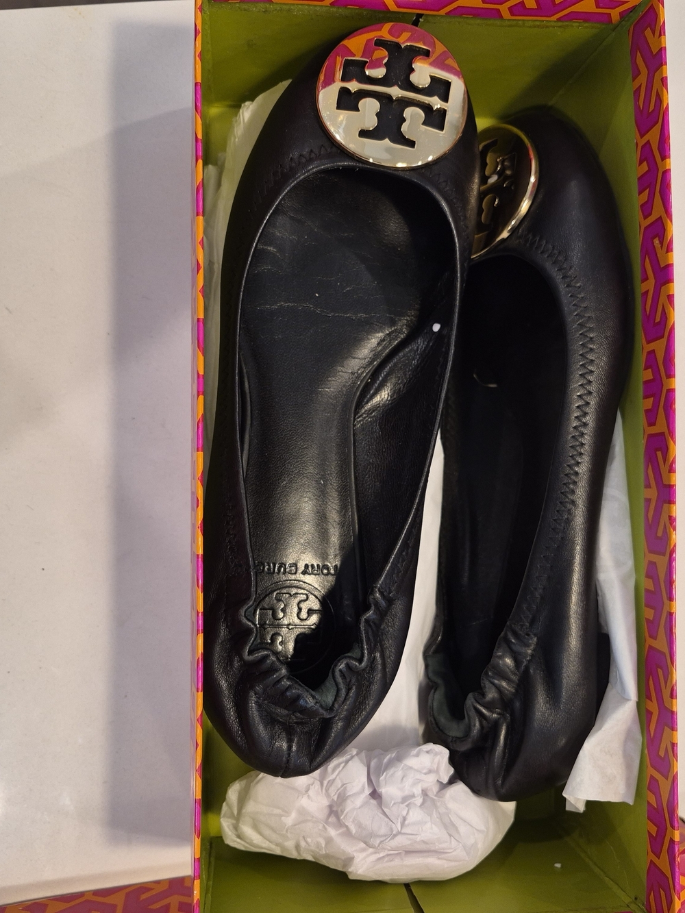 Tory Burch Black Leather Logo Ballet Flats Size 6